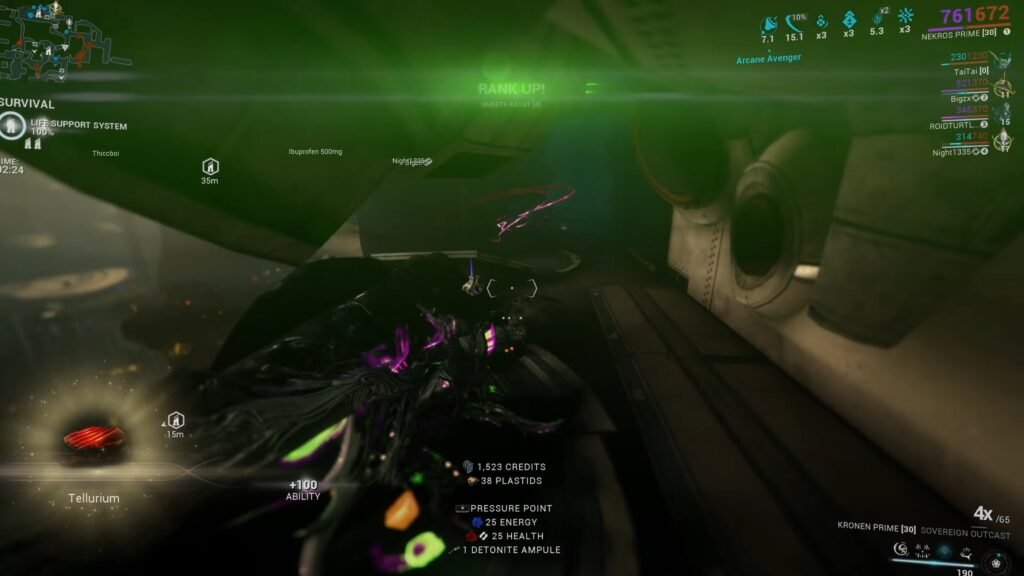 Screenshot of Nekros Prime farming Tellurium in Ophelia in Warframe, highlighting a Tellurium drop that just occurred.