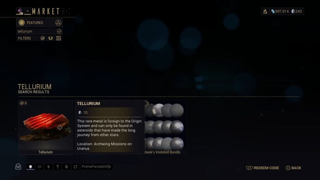 Screenshot of Tellurium, an rare resource available in the Warframe Market for 10 Platinum.