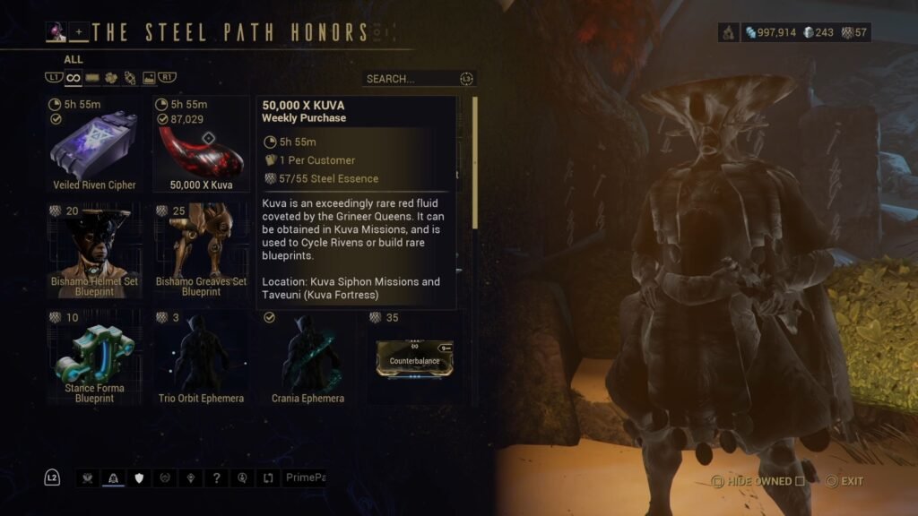 Screenshot of the Steel Path Honors vendor in Warframe, with the character Teshin in the background.