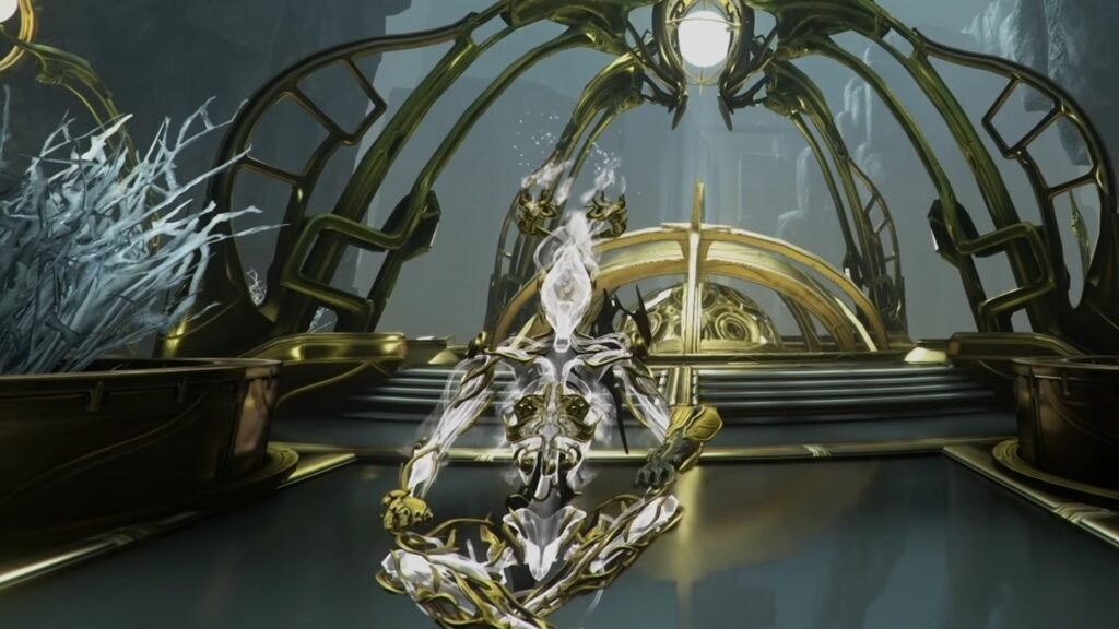 Screenshot of Xaku Prime meditating in the Lua Balcony scene in Warframe's Captura.